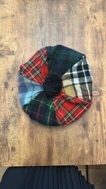 Vintage Tartan Plaid Patchwork Tam o' Shanter Beret Hat with Pompom